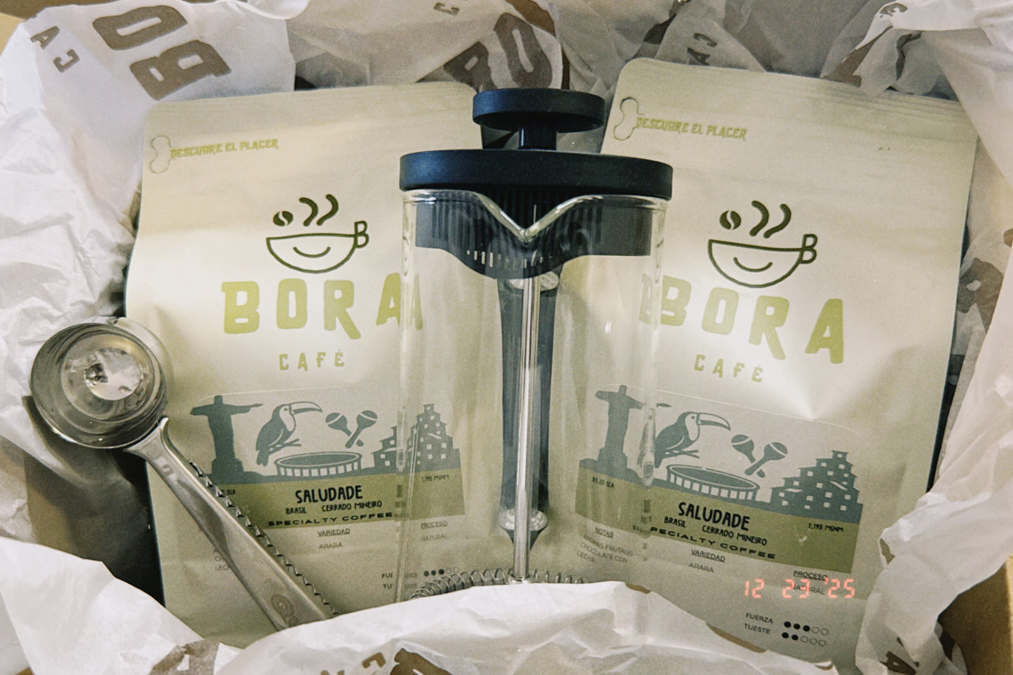 Pack regalo 2 cafés + Prensa francesa + cuchara